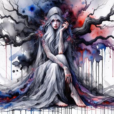 The primary subject of the image is a woman sitting on the ground, wearing a white dress. She is surrounded by a tree and a colorful background, which adds to the overall atmosphere of the scene. The visual style of the image is a combination of digital art and illustration, creating a unique and artistic representation of the woman. The colors in the image are predominantly white and blue, giving the scene a calm and serene mood.
